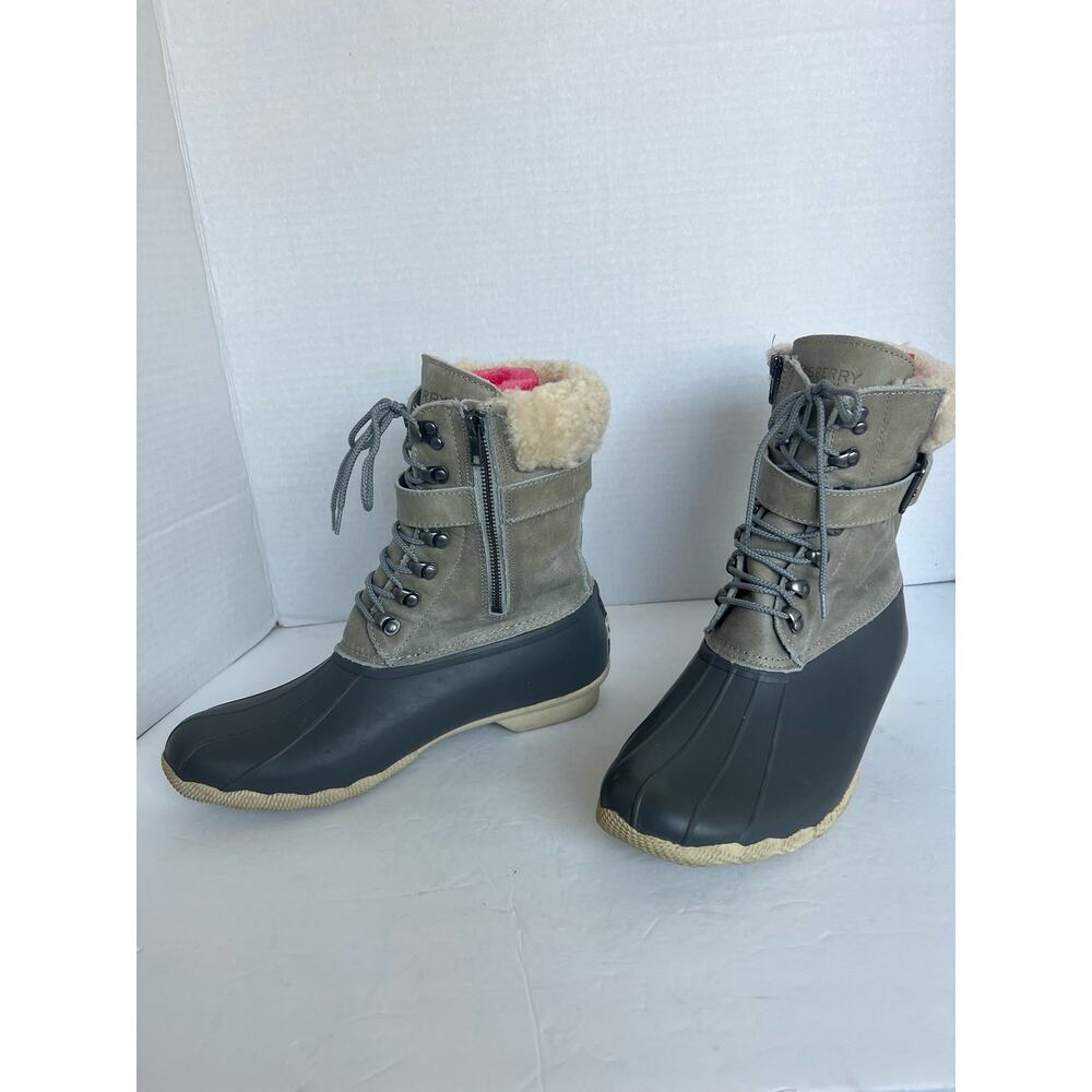 Sperry Shearwater Winter‎ Waterproof Fur Leather Rubber Gray and Navy Boots 11